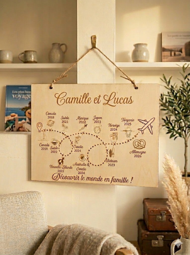 Tableau souvenir voyage famille personnalisé bois