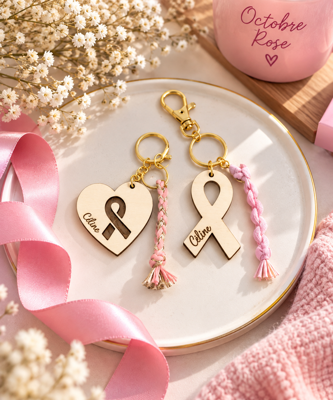 Portes clés solidaire octobre rose personnalisés en bois
