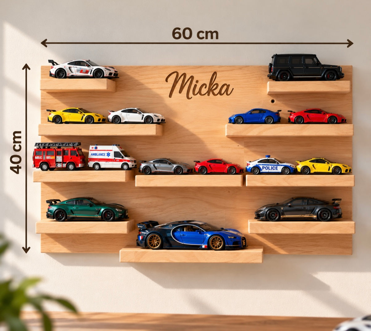 dimensions Support mural pour voitures miniatures en bois personnalisé
