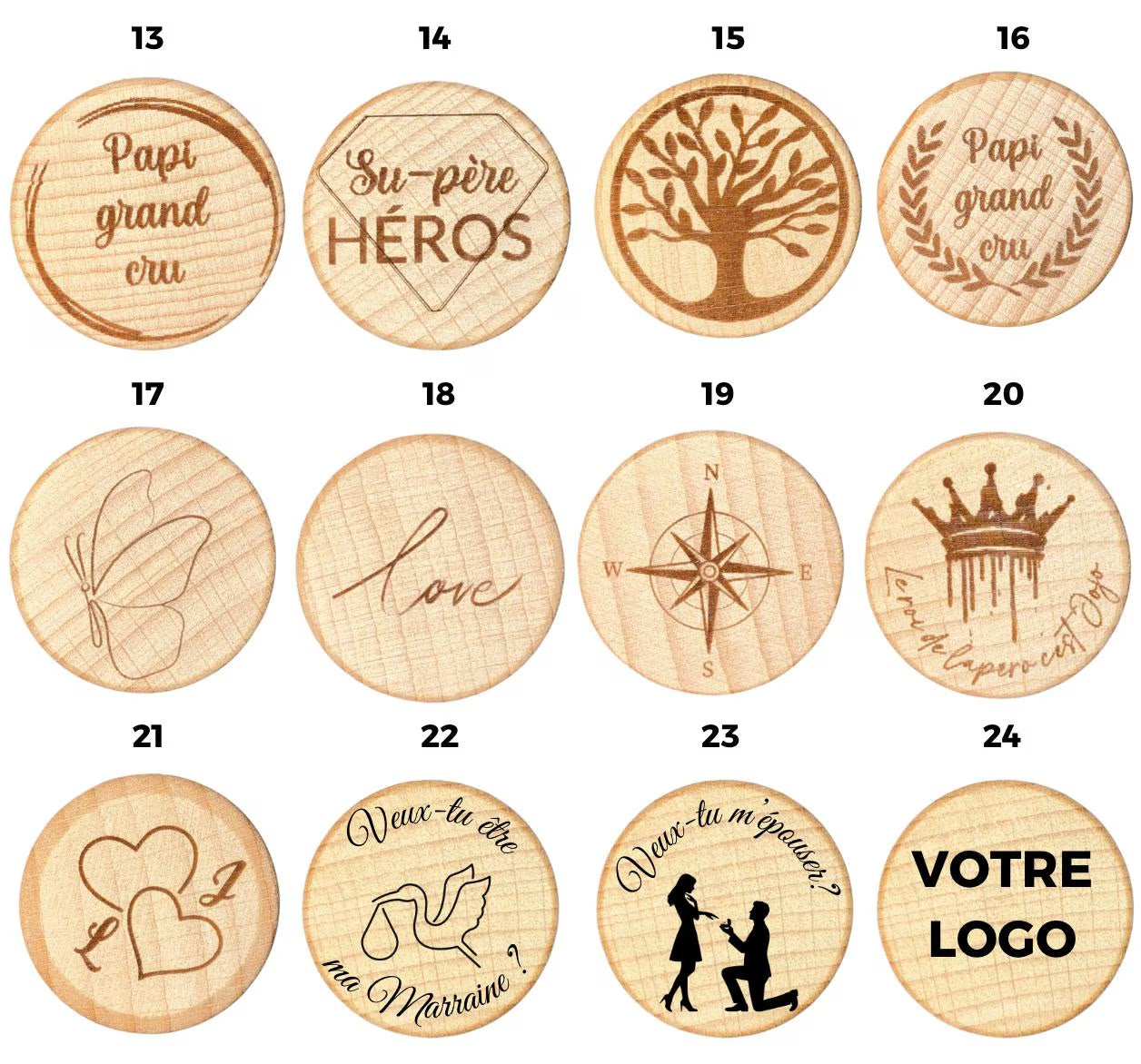 Support de bouchons en bois personnalisable avec ses bouchons gravés