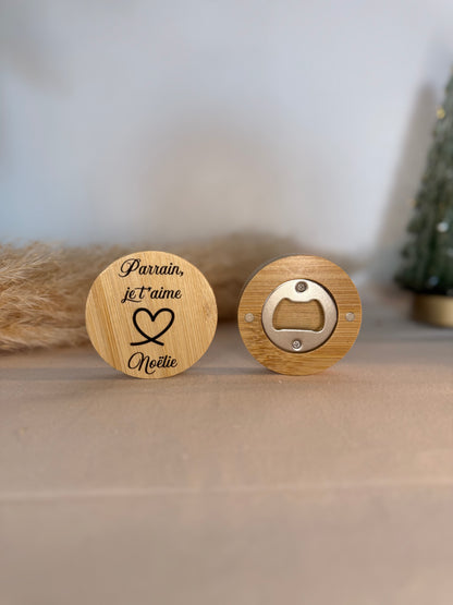 Décapsuleur aimanté rond en bois personnalisé