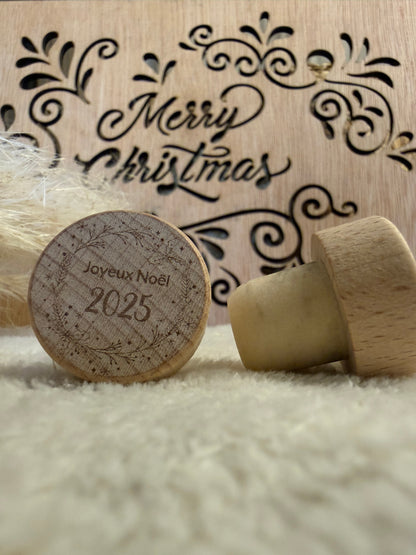 Bouchon de bouteille en liège et tête bois gravée Noël, cadeau original pour amateur de vin