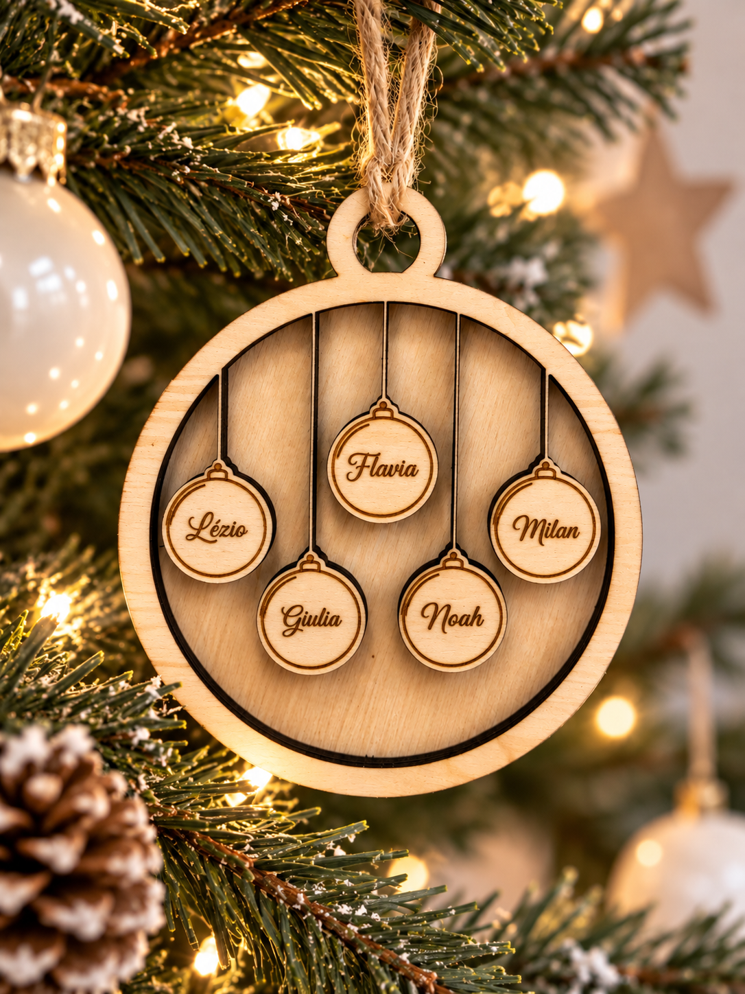 Boule de Noël famille personnalisée en bois