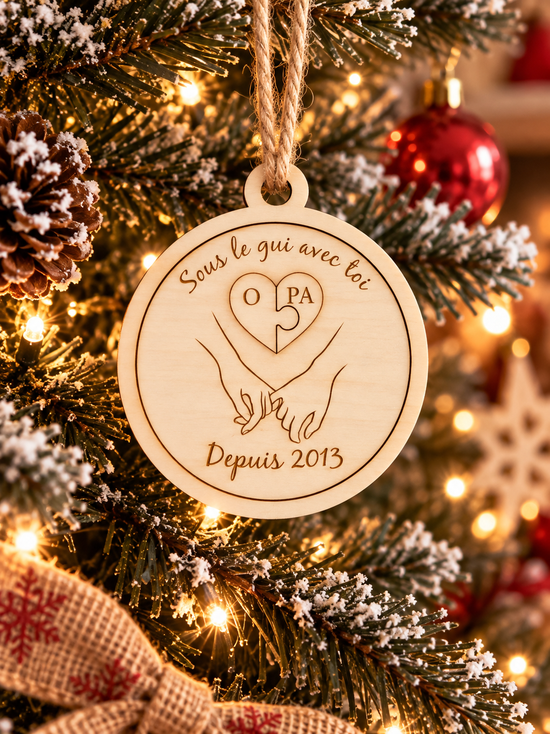 Boule de Noël spécial couple personnaliable en bois