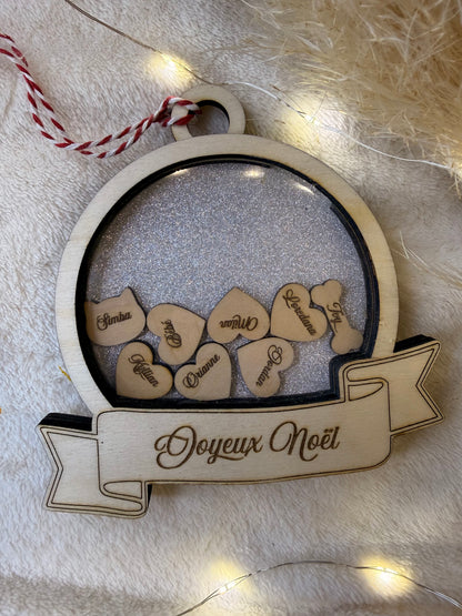 Ornement de Noël en bois, cœurs gravés au prénom des enfants et parents, idée cadeau familial unique