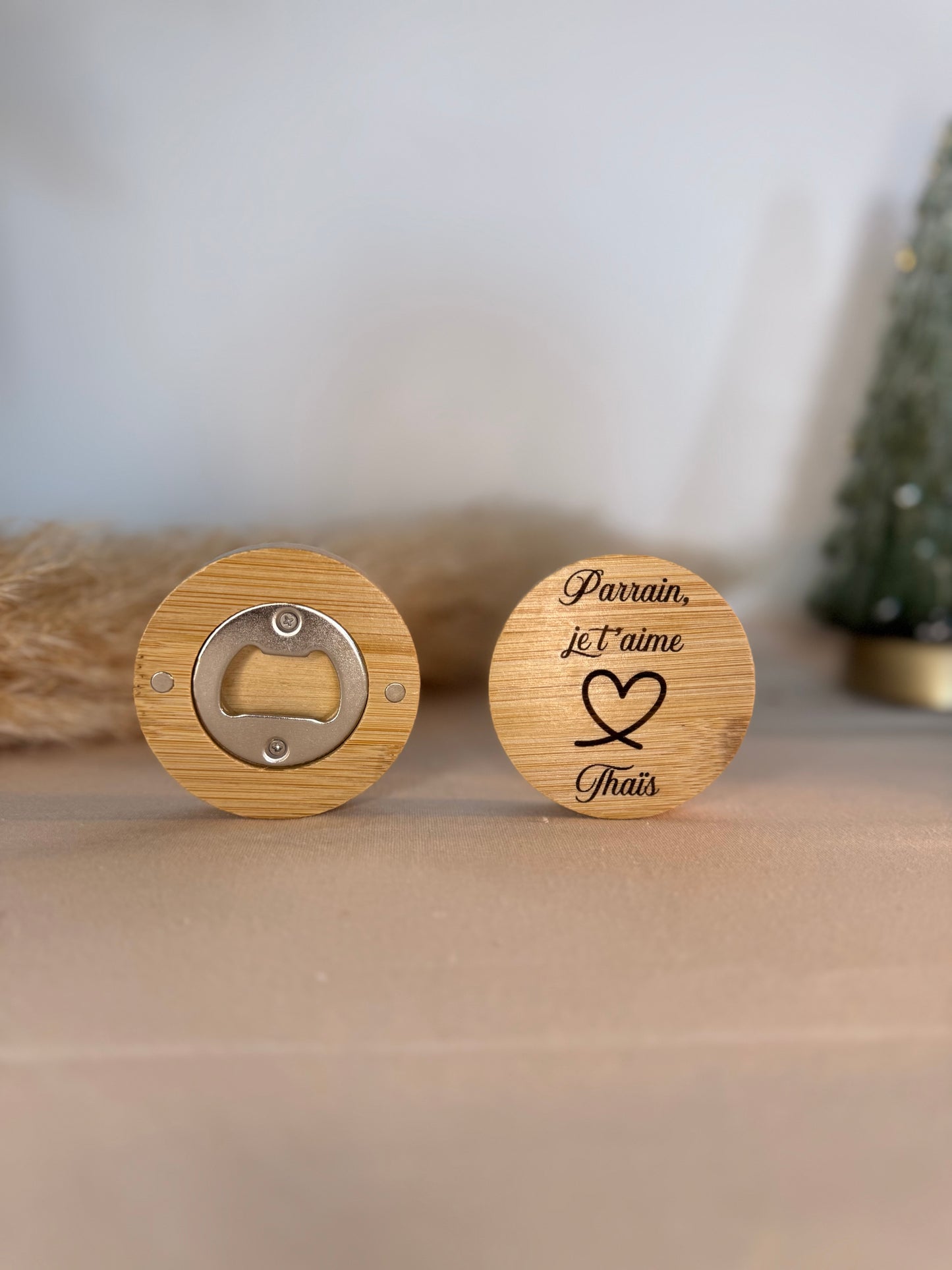 Décapsuleur aimanté rond en bois personnalisé