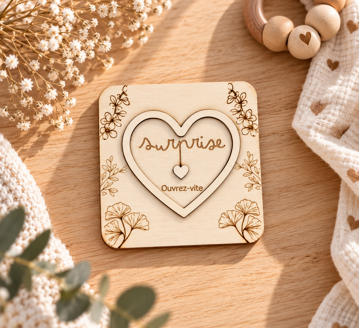 Carte message caché en bois pour annoncer l'arrivée de bébé