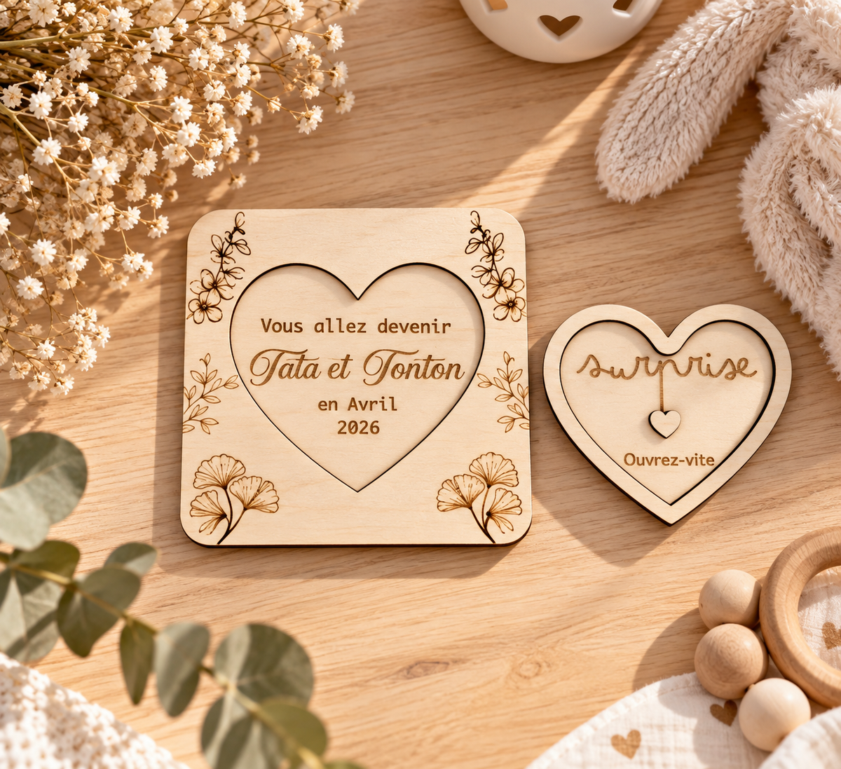 Carte message caché en bois pour annoncer l'arrivée de bébé