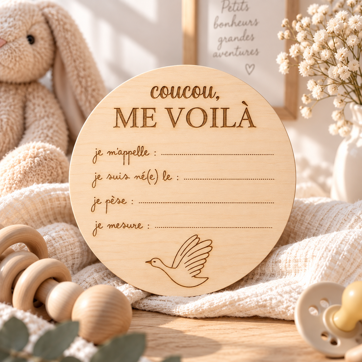 Carte de naissance personnalisée en bois