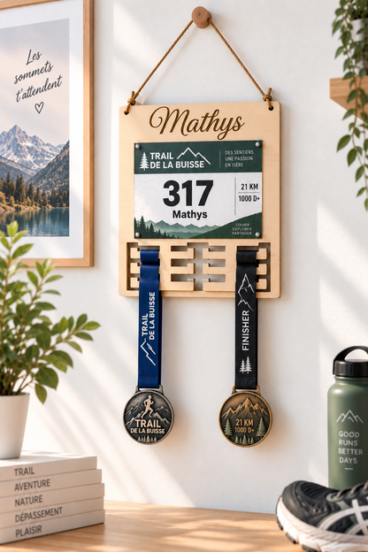 support médaille et dossard personnalisé en bois