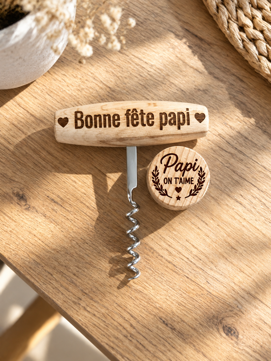 Tire bouchon personnalisé en bois avec son bouchon personnalisé