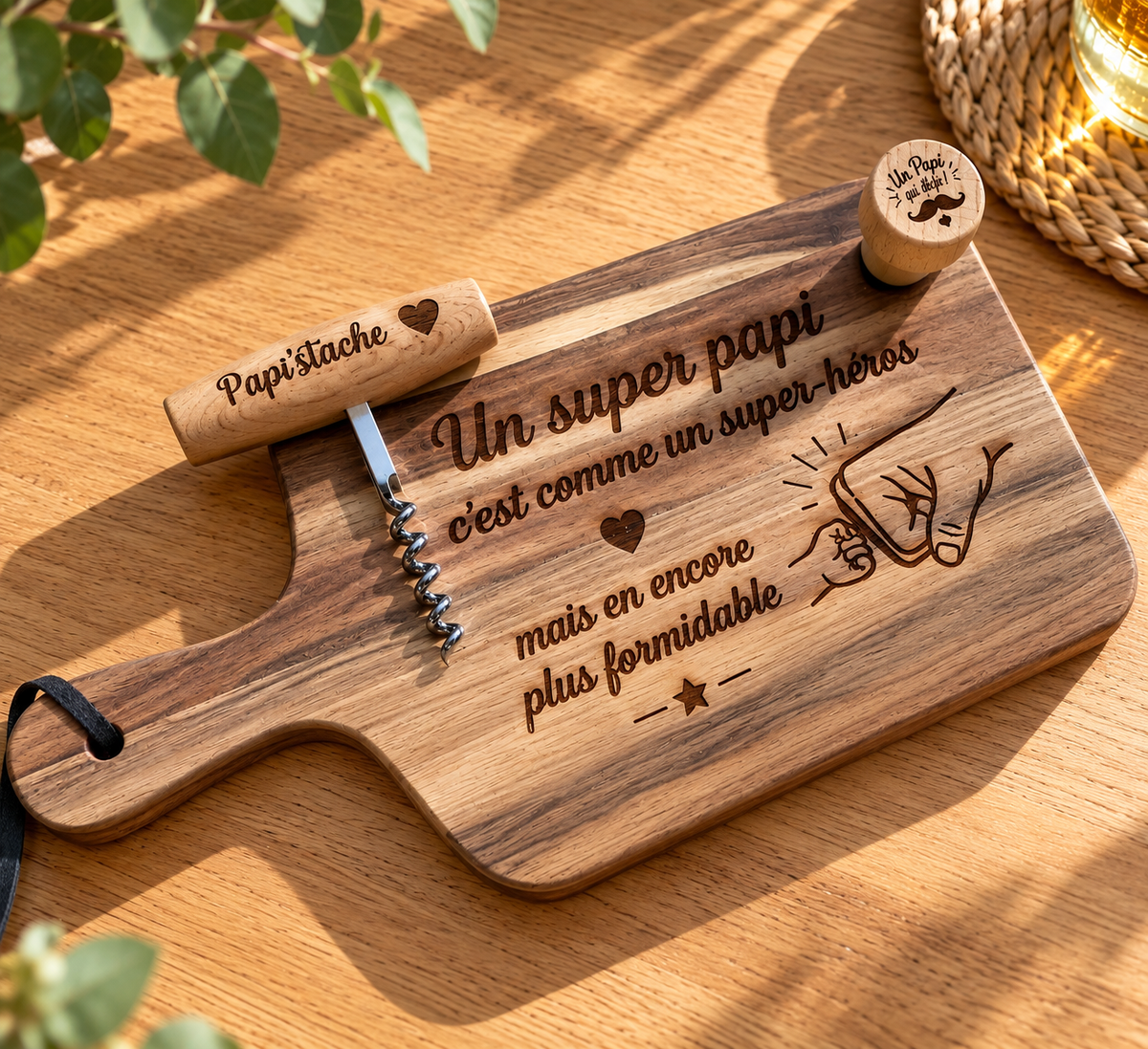 Coffret planche  découper avec tire bouchon et bouchon de vin personnalisé en bois pour la fête des grands pères