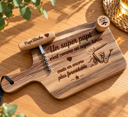 Coffret planche  découper avec tire bouchon et bouchon de vin personnalisé en bois pour la fête des grands pères