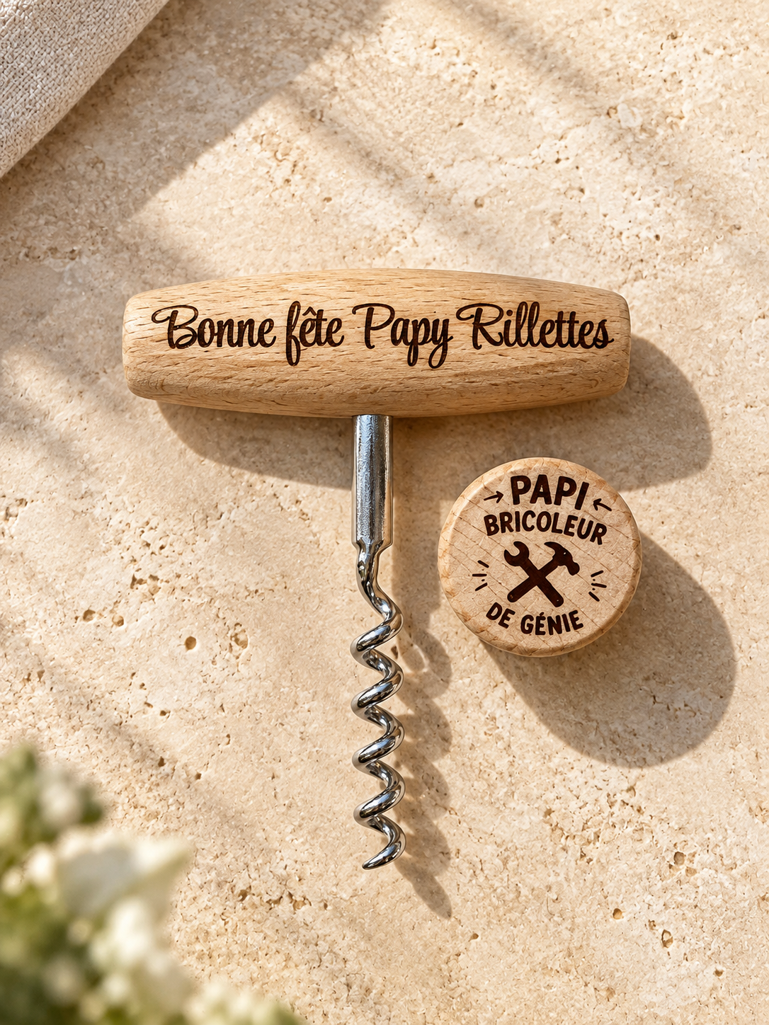 Coffret tire bouchon et bouchon personnalisé en bois