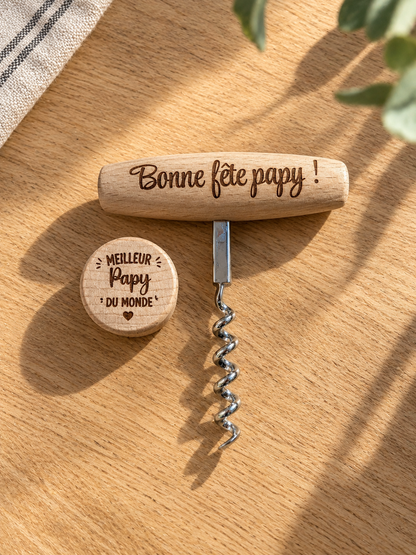 Coffret tire bouchon et bouchon personnalisé en bois