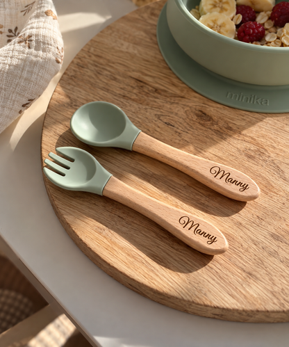 Couverts en bois et silicone personnalisés pour bébé