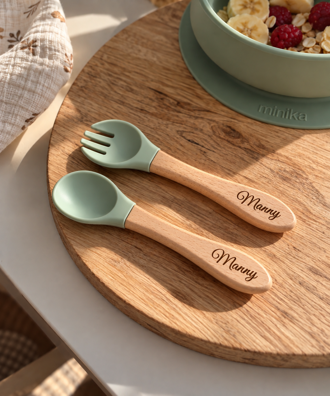 Ensemble Couverts en bois et silicone personnalisés pour bébé