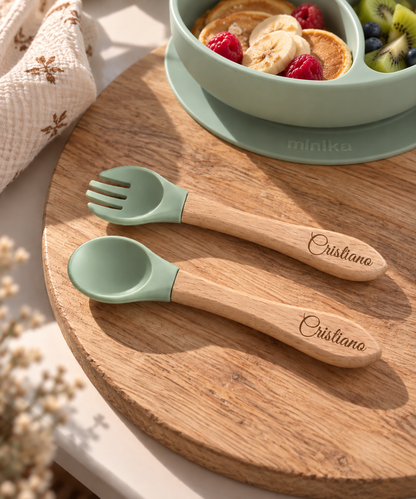 Ensemble Couverts en bois et silicone personnalisés pour petit garçon