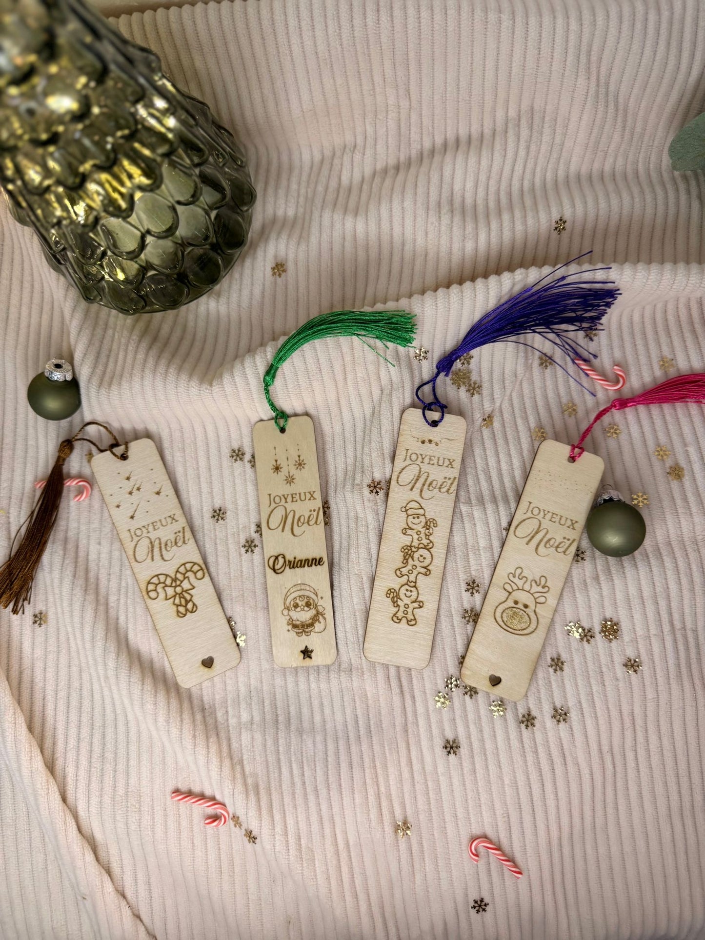 Ensemble de Marques-page en bois personnalisés avec prénom, cadeau de Noël artisanal