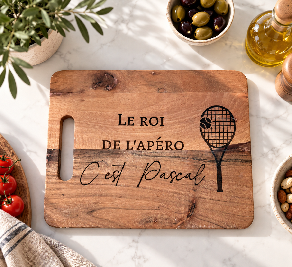 Grande Apéro personalisée en bois, cadeau idéal pour un passionné de tennis