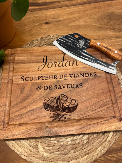 Planche à Découper personnalisée en Bois d'Acacia + Couteau Original Japonais