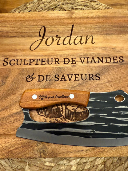 Planche à Découper personnalisée en Bois d'Acacia + Couteau Original Japonais