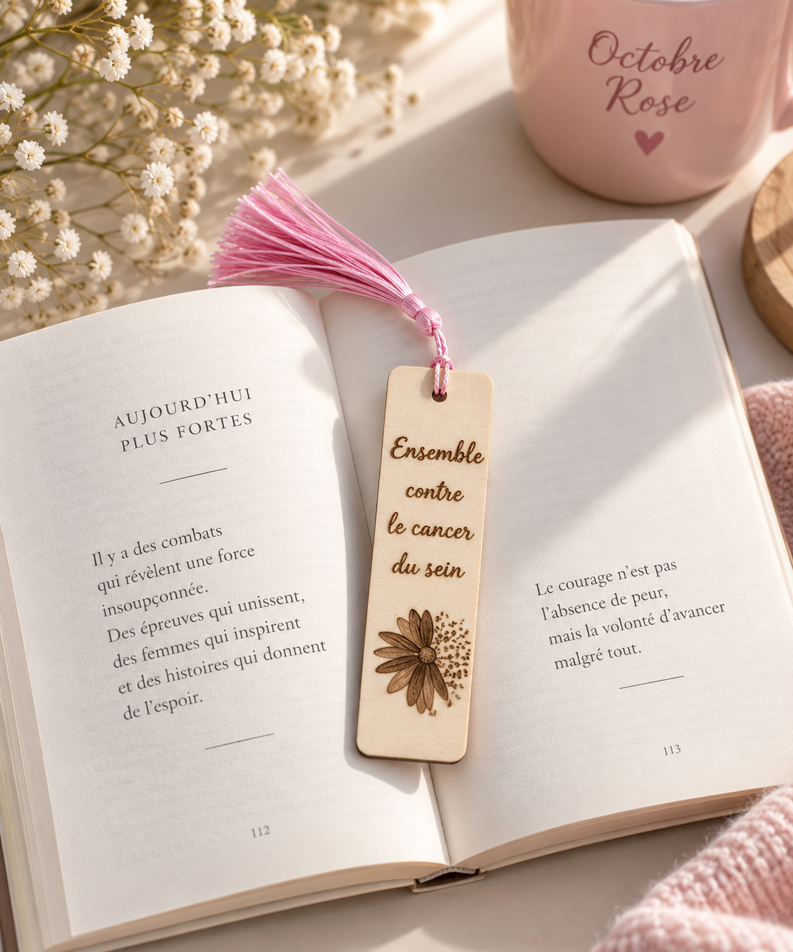 Marque page en bois pour soutenir la fondation octobre rose