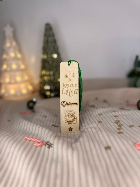 Marque-page en bois avec gravure Père Noël et prénom personnalisé, idée cadeau pour enfant originale