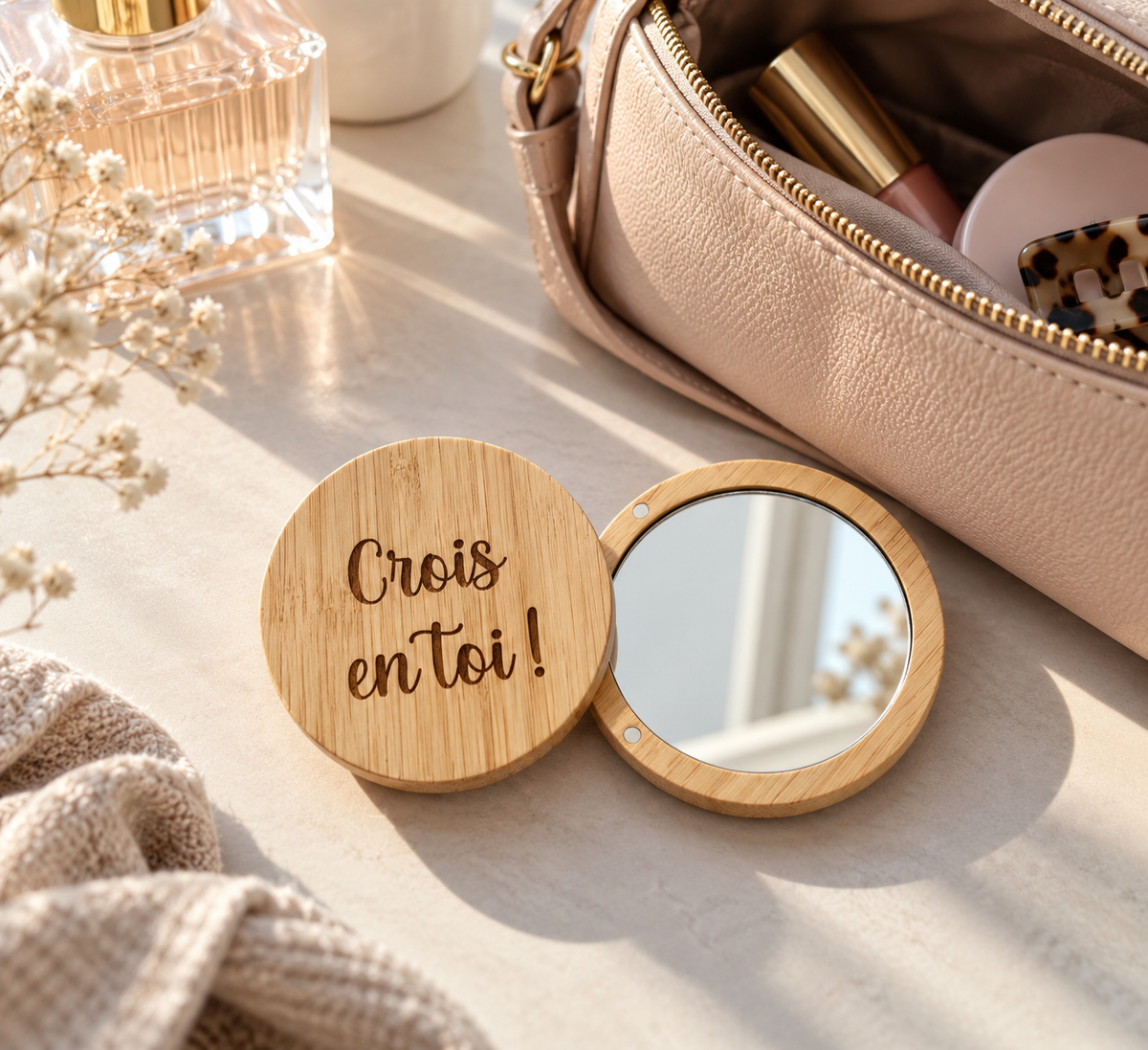 Miroir de poche en bamboo personnalisé, cadeau idéal pour une petite fille