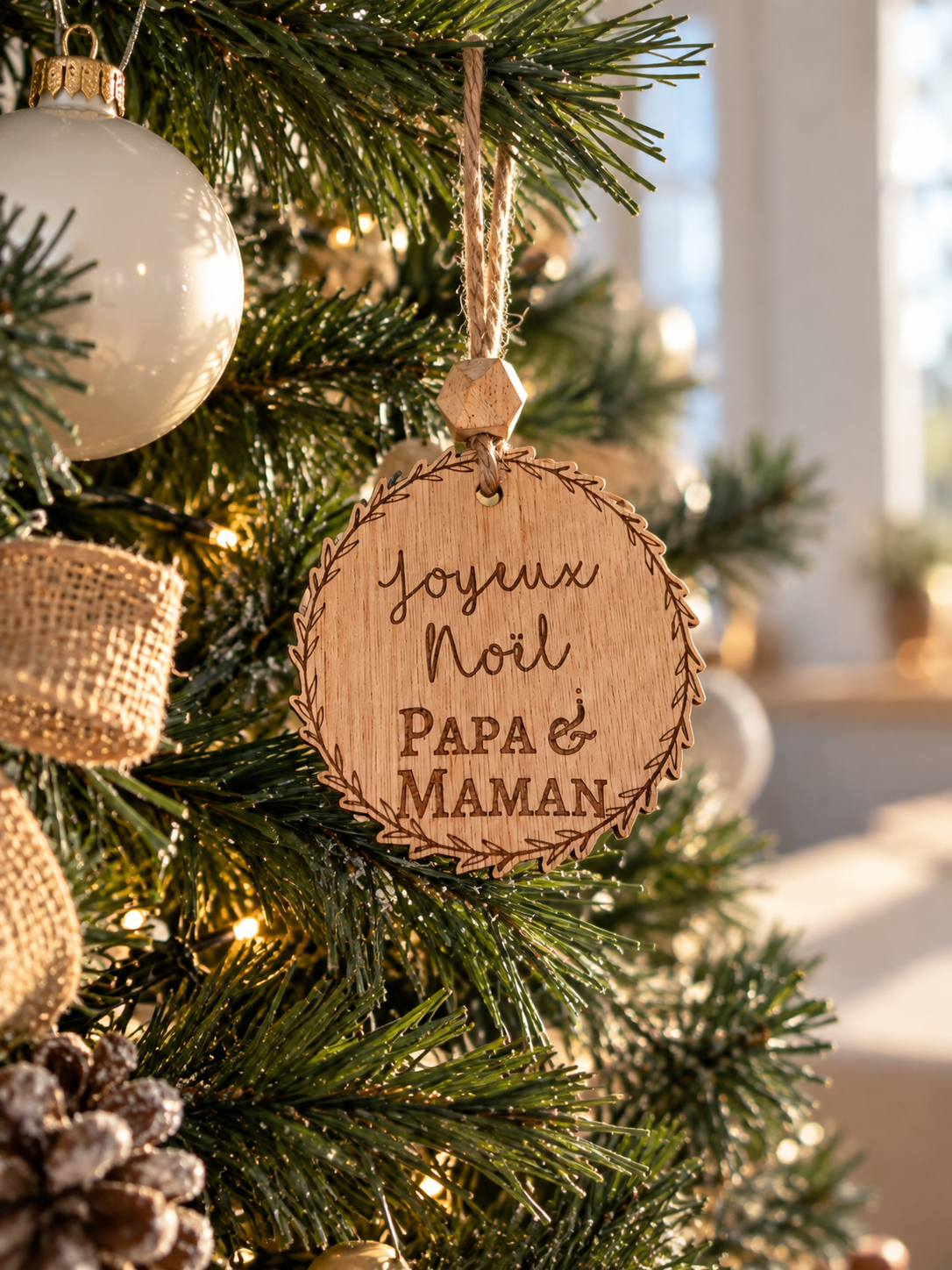 Boule de Noël personnalisée en bois pour cadeau papa et maman