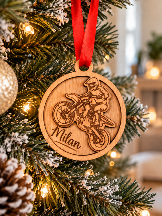 Boule de Noël personnalisée en bois pour enfant spéciale moto cross