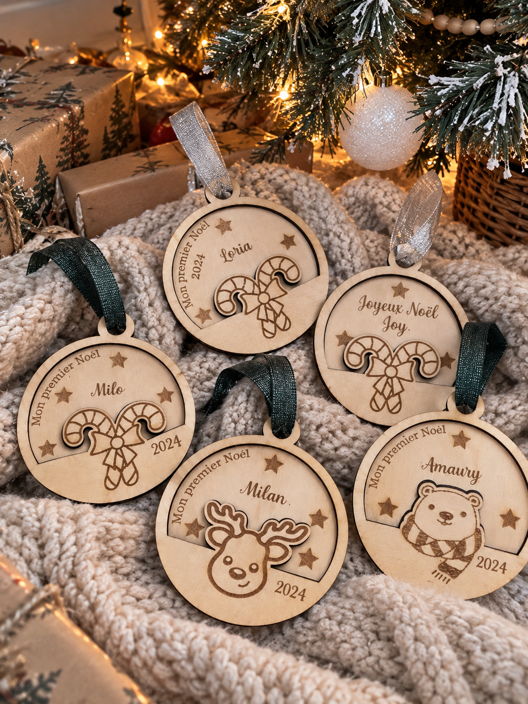 Boules de Noël en bois pour famille