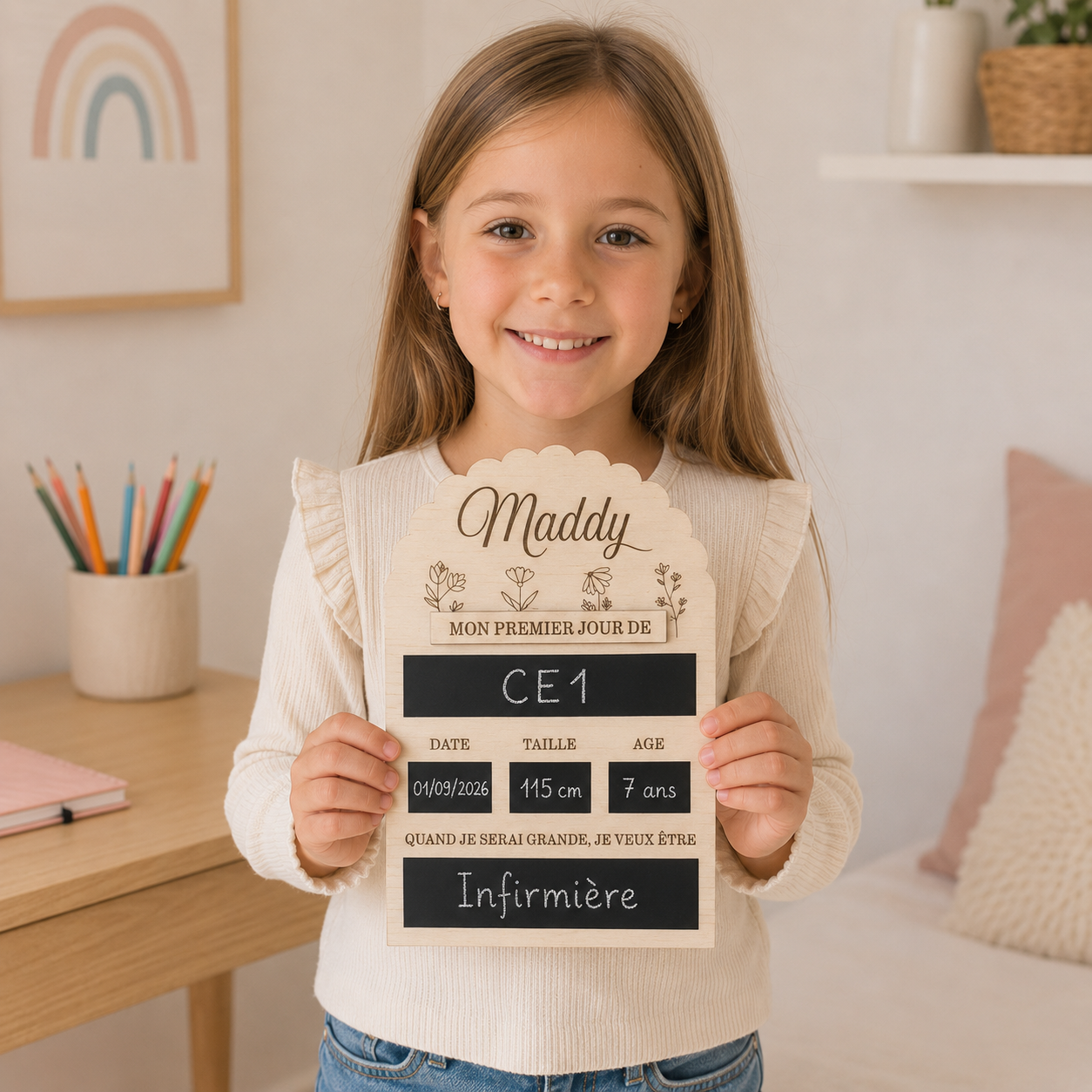 Pancarte rentrée scolaire effaçable en bois