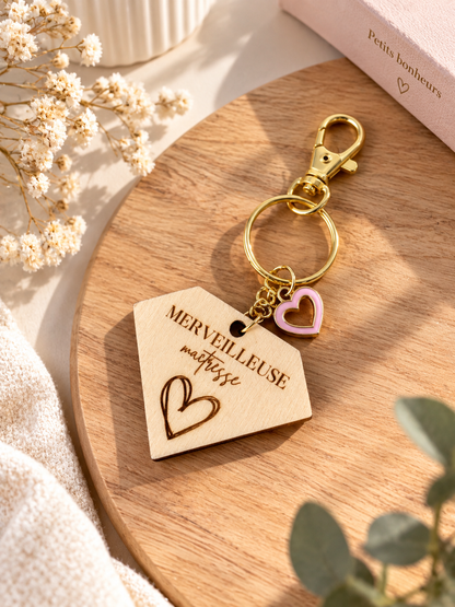 Porte clé personnalisé en bois pour cadeau maîtresse