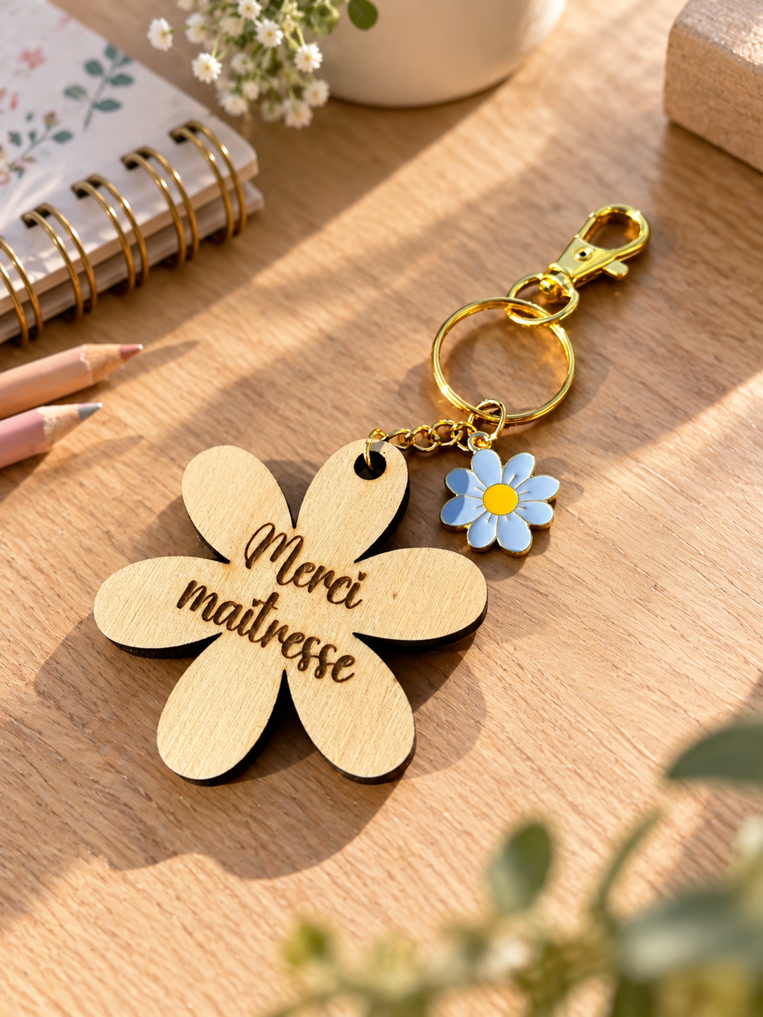 Porte clé personnalisé en bois pour cadeau maîtresse