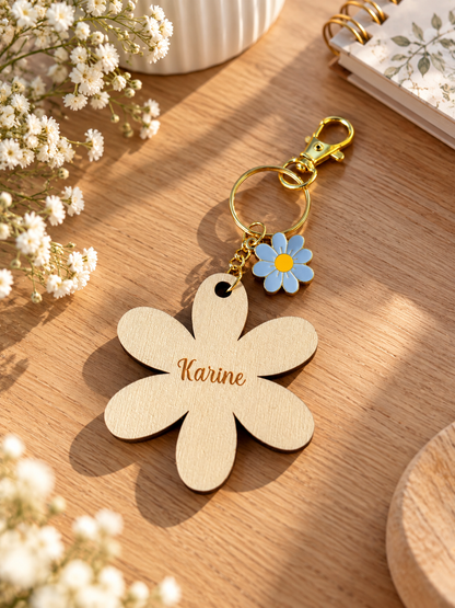 Porte clé personnalisé en bois pour cadeau maîtresse en forme de fleur