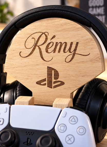 Support casque de gaming personnalisé en bois