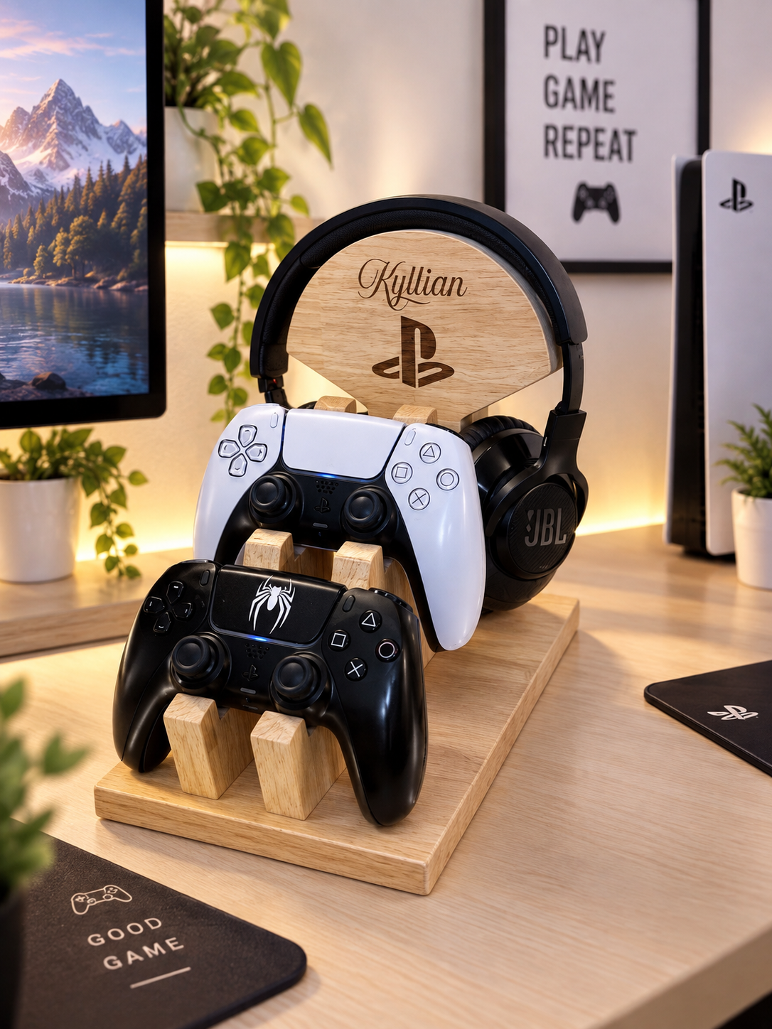 Support casque de gaming personnalisé en bois