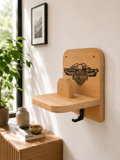 Support casque moto personnalisée harley davidson en bois