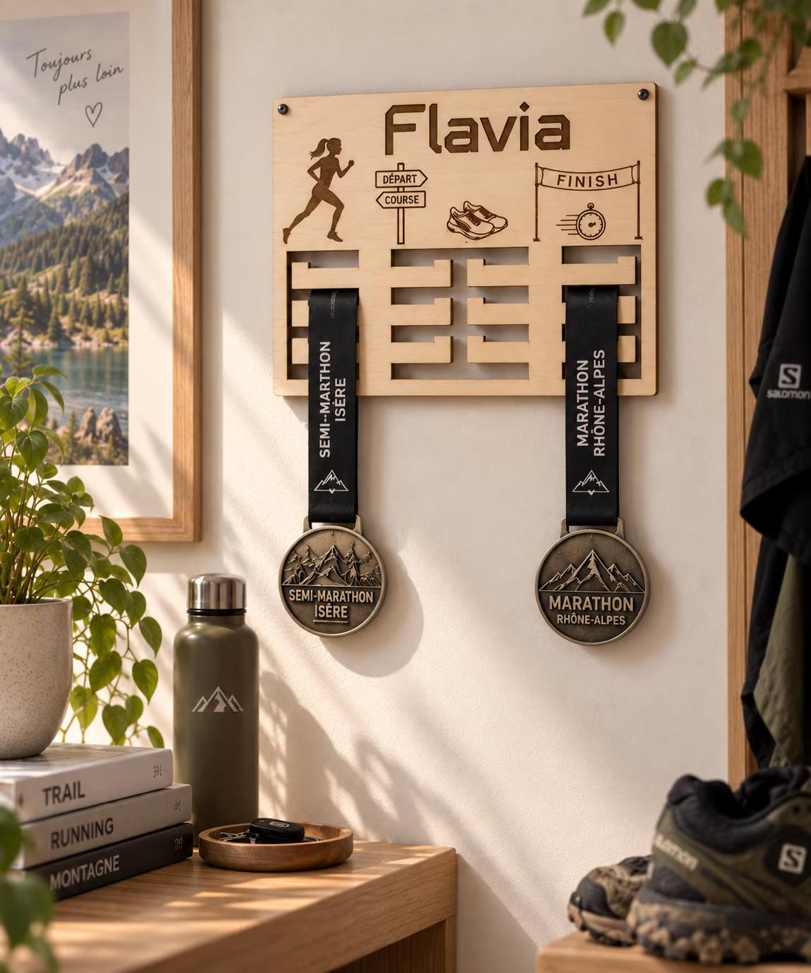 Support médaille de course à pied personnalisé en bois