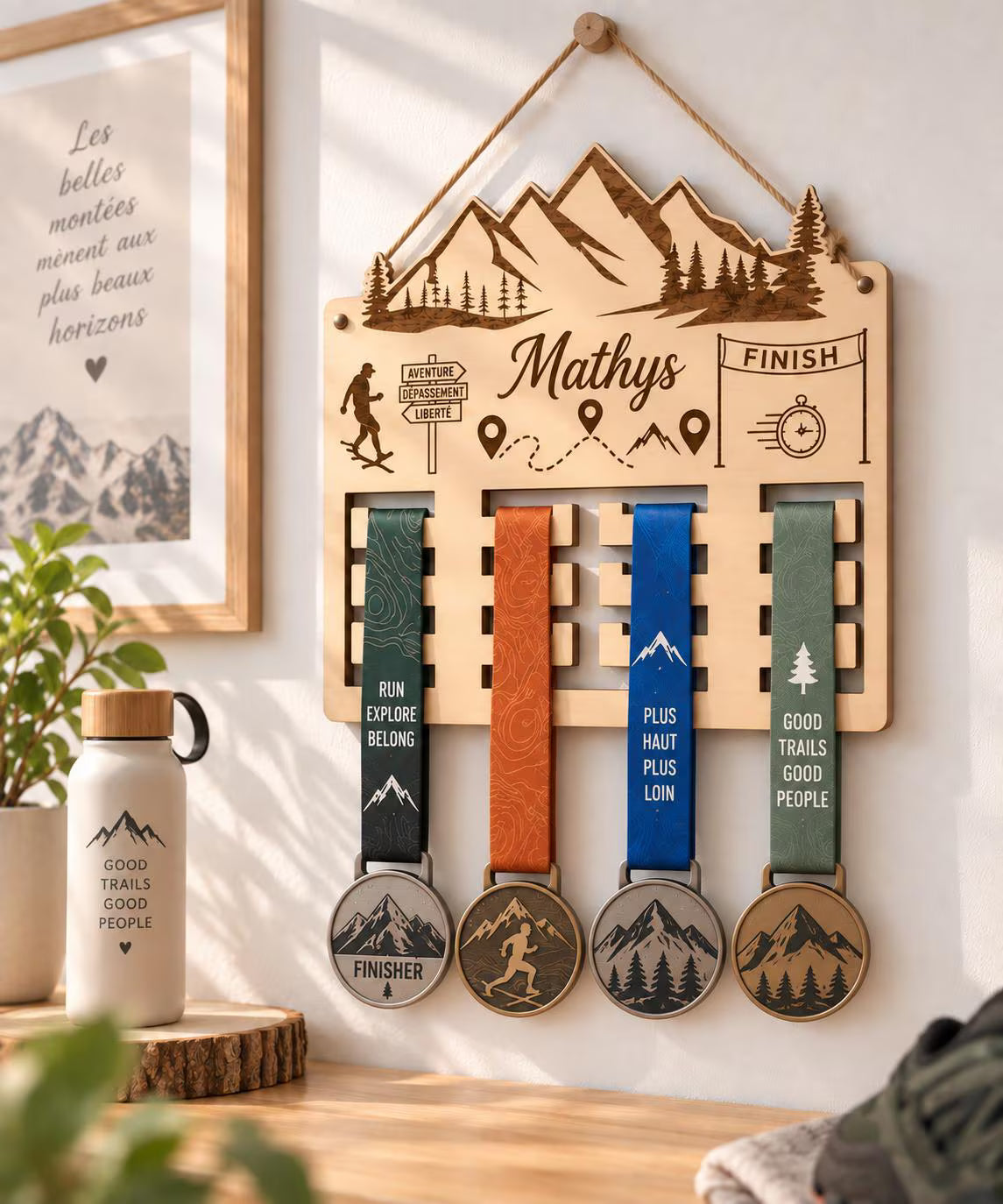 Support médaille de trail personnalisé en bois