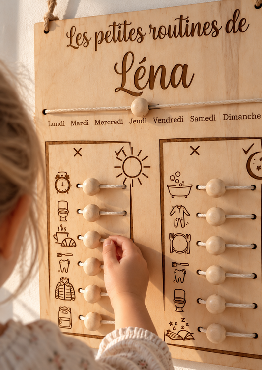 Tableau des petites routines pour enfant en bois, permet d'organiser une routine pour les enfants