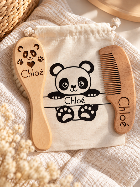 Kit de soin pour bébé personnalisé comprenant un peigne, une brosse accompagné de son pochon pour les ranger