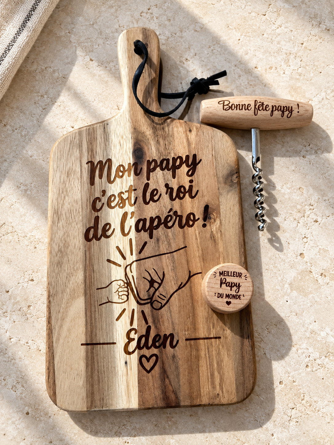 coffret planche à découper tire bouchon et bouchon personnalisé pour la fête des papis