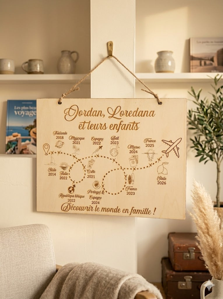 Tableau souvenir voyage famille personnalisé bois