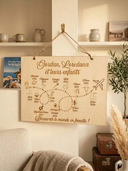 Tableau souvenir voyage famille personnalisé bois