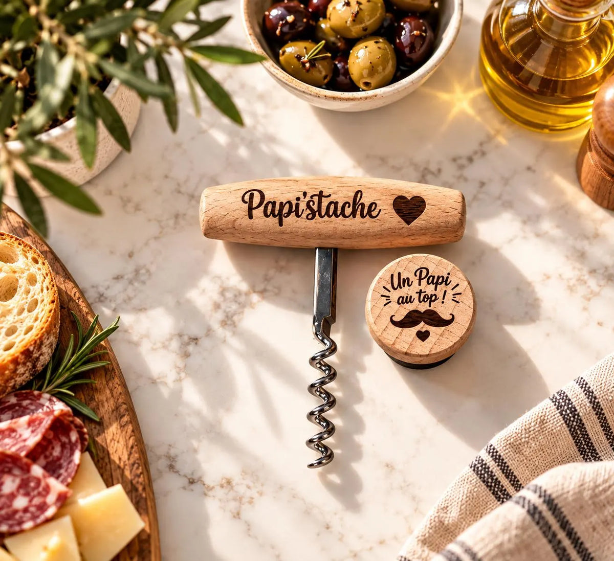 Coffret tire-bouchon et bouchon personnalisés en bois