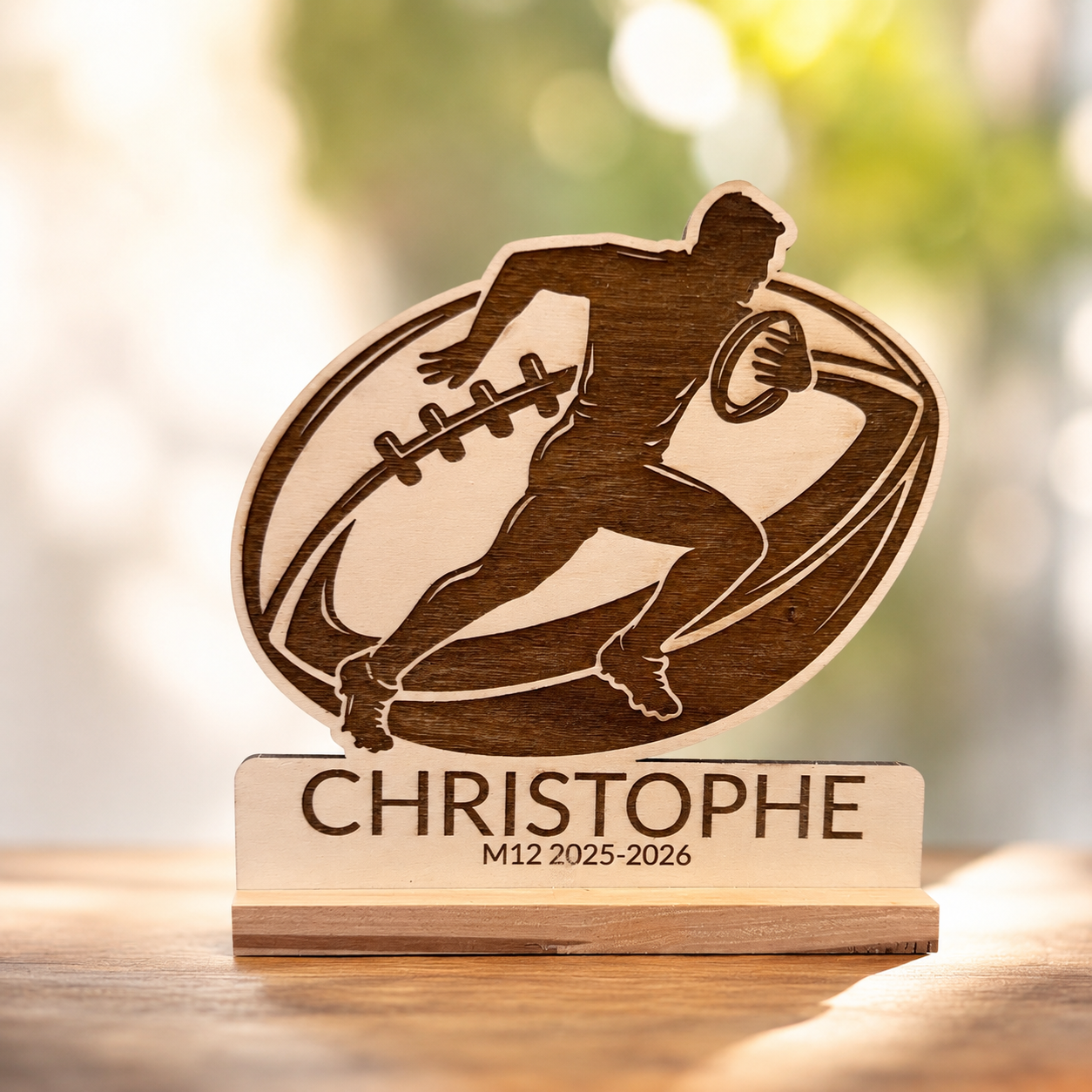 Trophée rugby personnalisé en bois