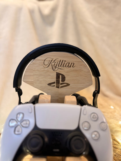 Support casque gamer bois sur mesure, gravure artisanale, idéal pour setup de joueur